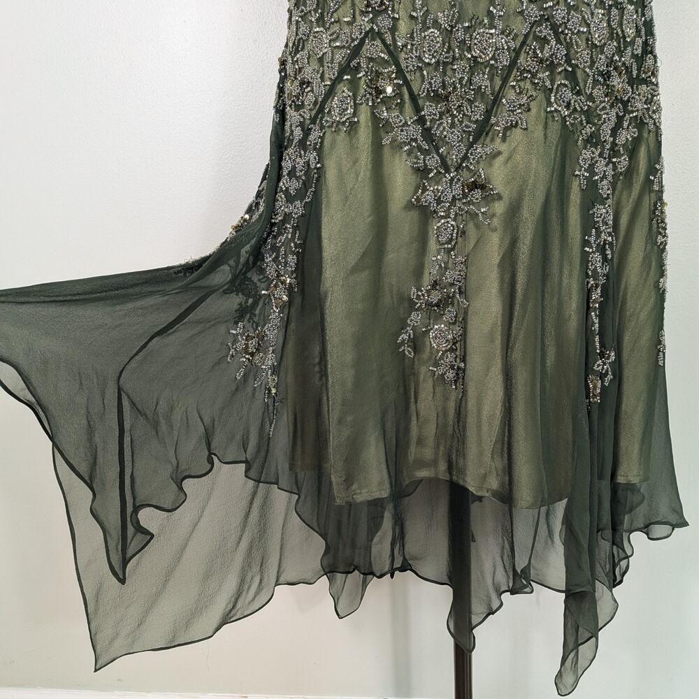 Vintage Scala Midi Dress Cocktail Gown XL Green Silk Bead Gatsby Fairy Grunge - Picture 4 of 16